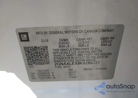 2019 Chevrolet Equinox Lt z USA, uszkodzony, nr VIN 2GNAXLEX9K6186727